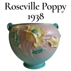 Roseville Pottery 1938 Poppy Jardiniere Planter 6” Art Deco Vase Vintage